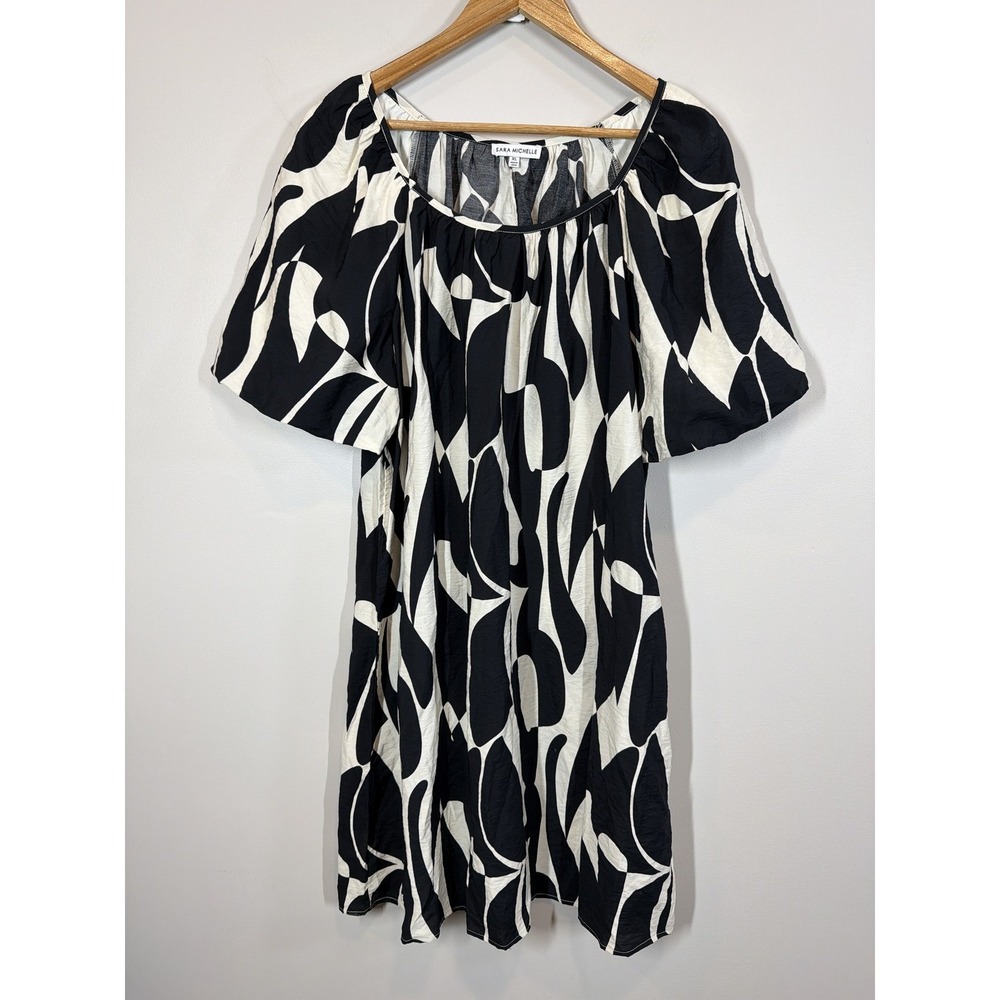 Sara Michelle Black White Mini Dress Size XL Puff Sleeve Geometric‎ Print